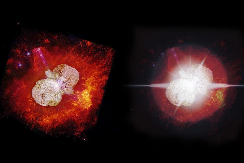 (L) A view of Eta Carinae by NASA's Hubble Space Telescope in 2000. (R) What the star could look like in 2032, when it overshadows  its nebula.  